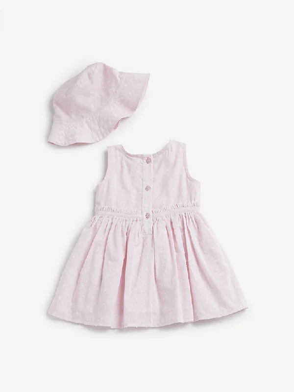 HOP Baby Pink Tufted A-line Dress with Bucket Hat Set