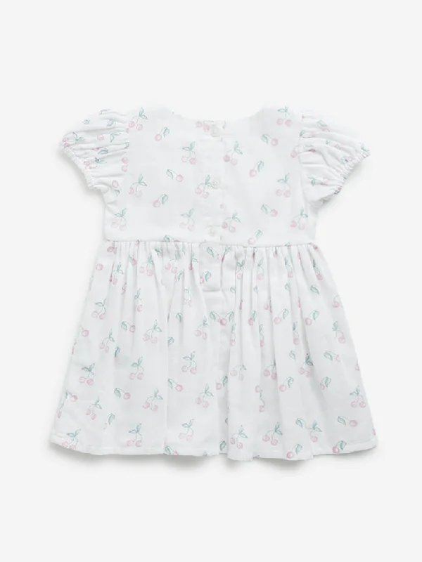 HOP Baby White Cherry Printed A-Line Cotton Dress