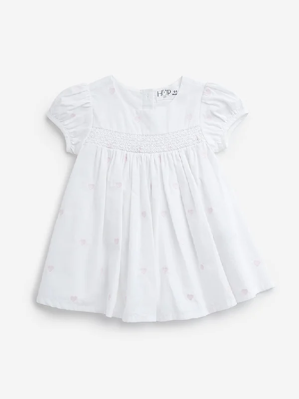 HOP Baby White Heart Embroidered A-Line Cotton Dress