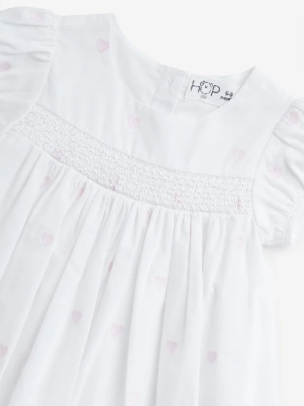 HOP Baby White Heart Embroidered A-Line Cotton Dress