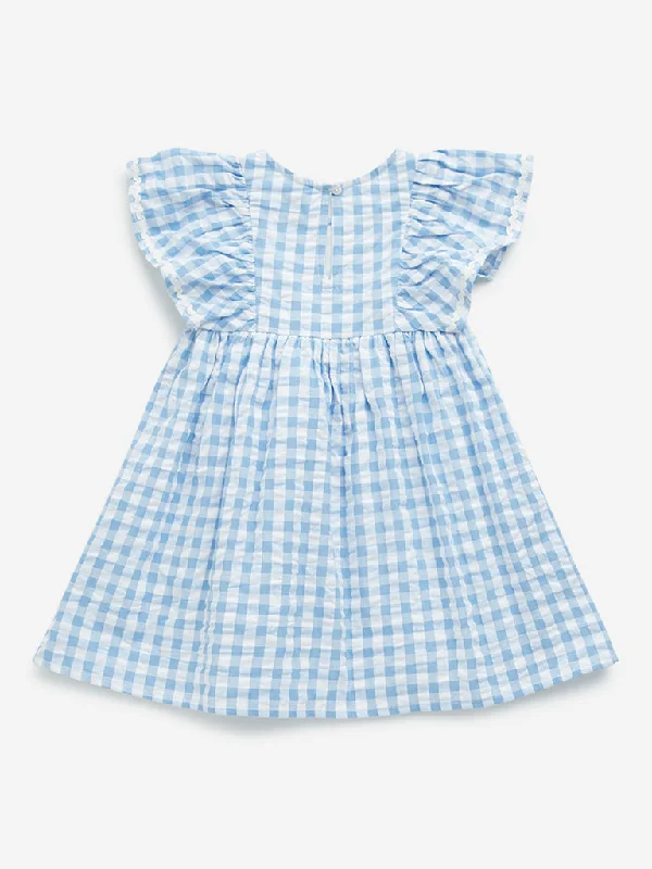 HOP Kids Blue Checkered Design A-Line Cotton Dress