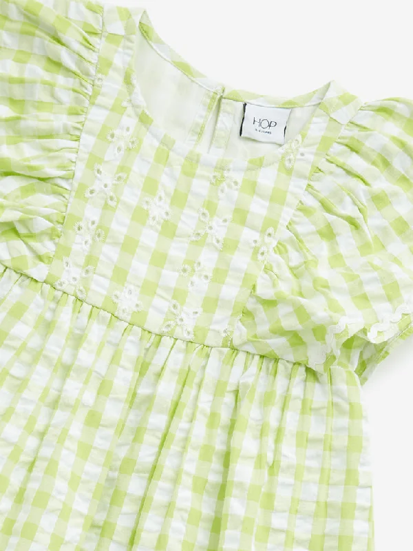 HOP Kids Lime Checkered Design A-Line Cotton Dress