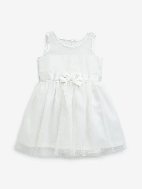 HOP Kids Off-White Bow Applique A-Line Mesh Dress