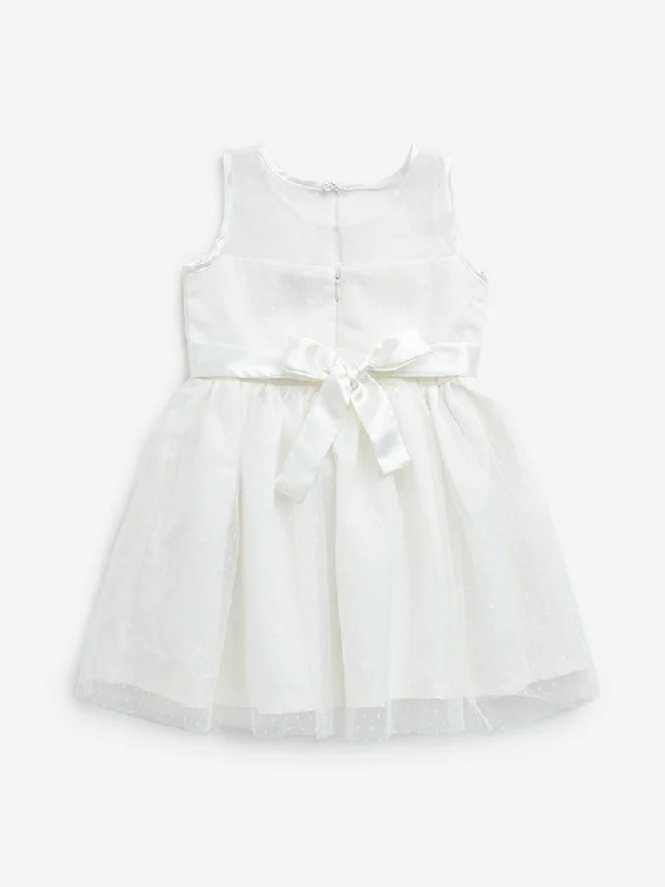 HOP Kids Off-White Bow Applique A-Line Mesh Dress