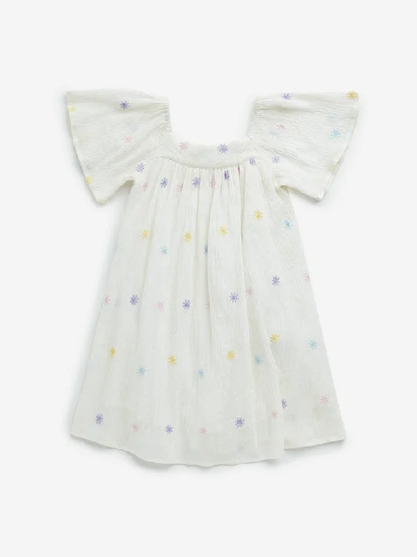 HOP Kids Off-White Floral Embroidered A-Line Cotton Dress