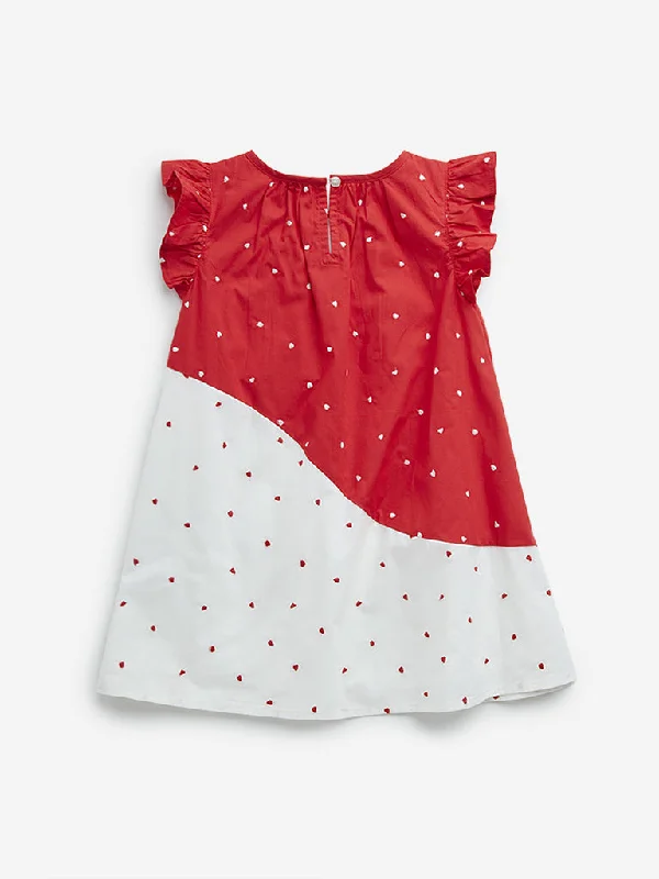 HOP Kids Red & White Heart Embroidered Cotton A-Line Dress