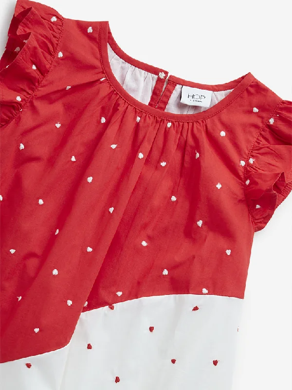 HOP Kids Red & White Heart Embroidered Cotton A-Line Dress