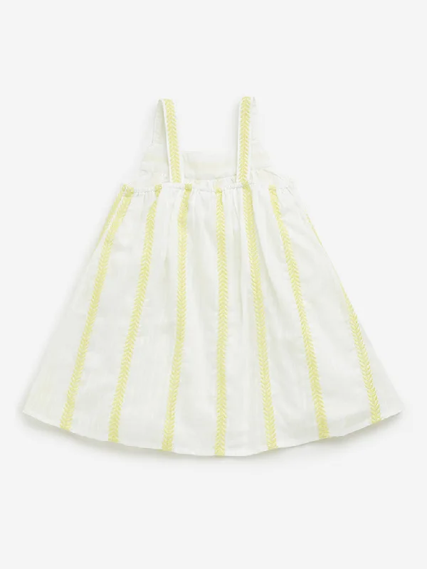 HOP Kids White Leaf Embroidered A-Line Cotton Dress