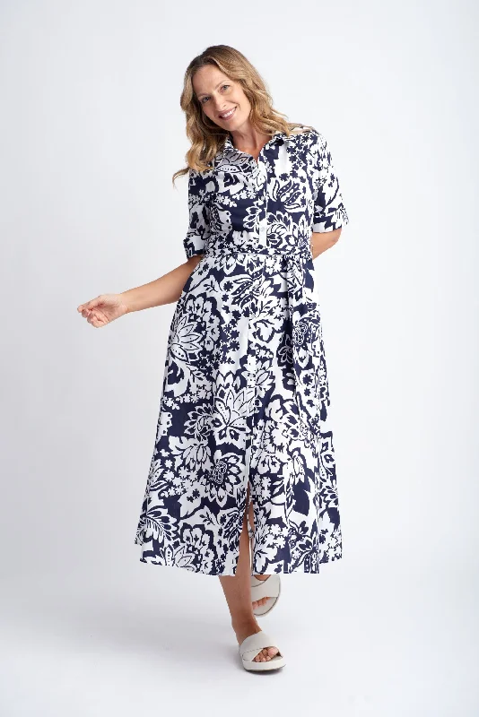 PRE-ORDER EARLY OCT- A-Line Cotton Dress with Tie Belt Navy/White Lotus Print