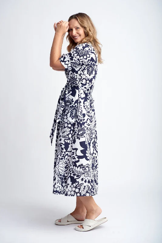 PRE-ORDER EARLY OCT- A-Line Cotton Dress with Tie Belt Navy/White Lotus Print