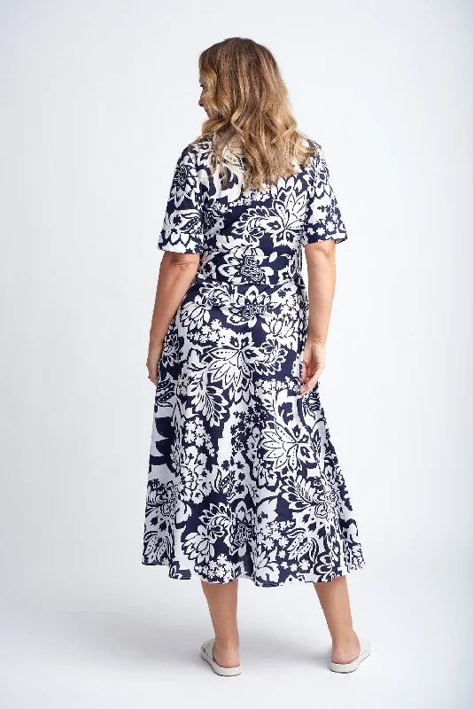 PRE-ORDER EARLY OCT- A-Line Cotton Dress with Tie Belt Navy/White Lotus Print