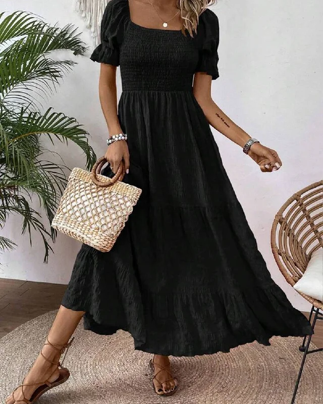 Square Neck Puff Sleeve A-line Puff Sleeve Long Black Dress