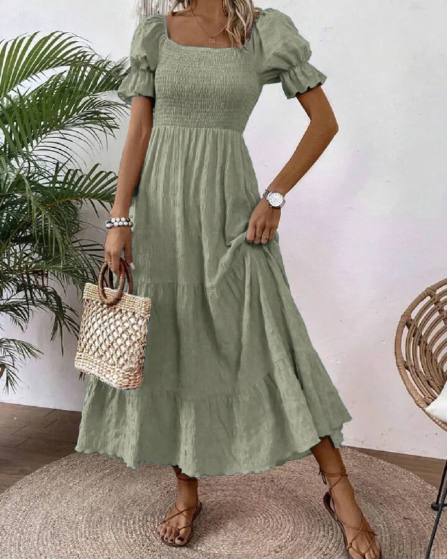 Square Neck Puff Sleeve A-line Puff Sleeve Long Green Dress