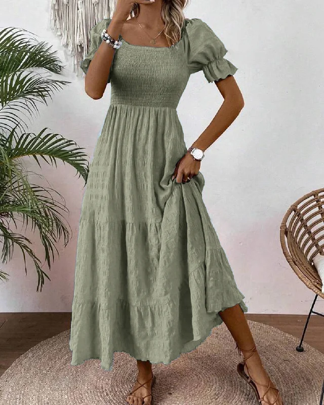 Square Neck Puff Sleeve A-line Puff Sleeve Long Green Dress