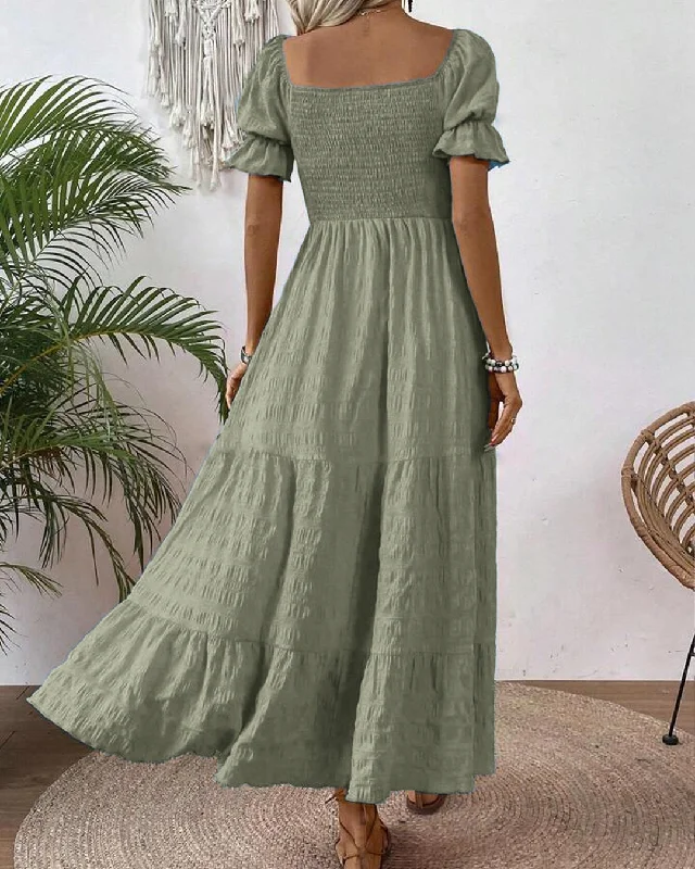 Square Neck Puff Sleeve A-line Puff Sleeve Long Green Dress