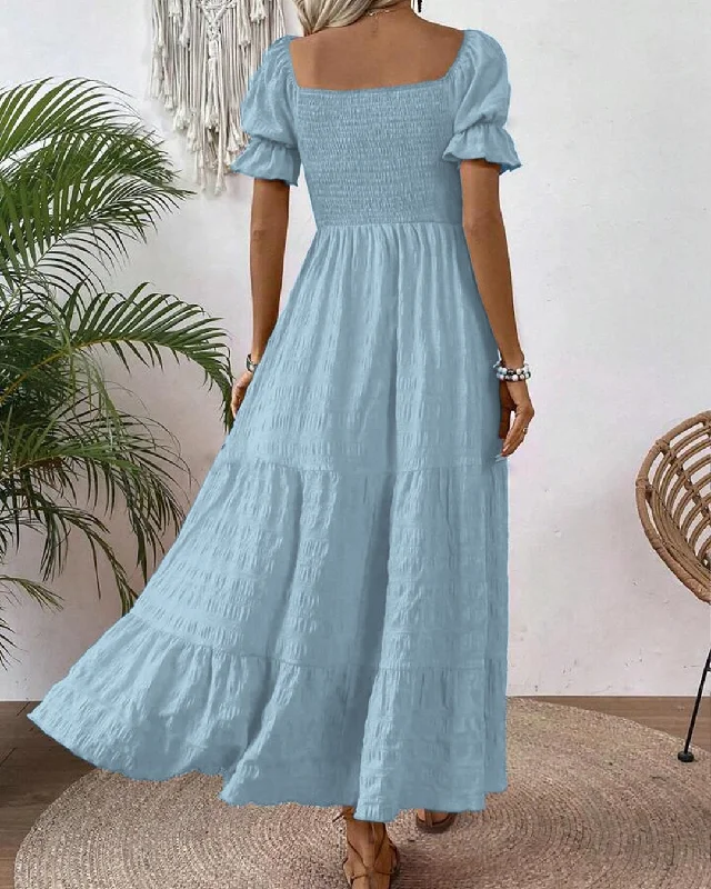 Square Neck Puff Sleeve A-line Puff Sleeve Long Light Blue Dress