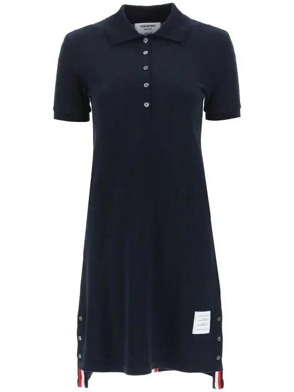 Classic Cotton Pique Center Back Stripe A-Line Short Sleeve Polo Short Dress Navy