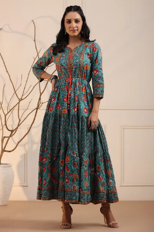 Women Green & Red Ethnic Pure Cotton A-Line Long Dress