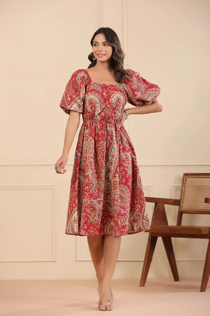 Women Red A-line White-Printed Dress