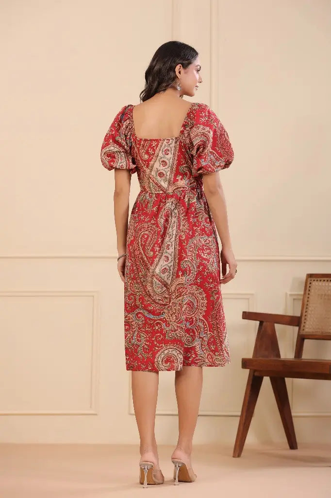 Women Red A-line White-Printed Dress