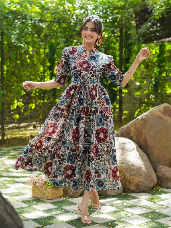 Women Rust And Blue Floral Ethnic A-line Pure Cotton Midi Ethnic Dress