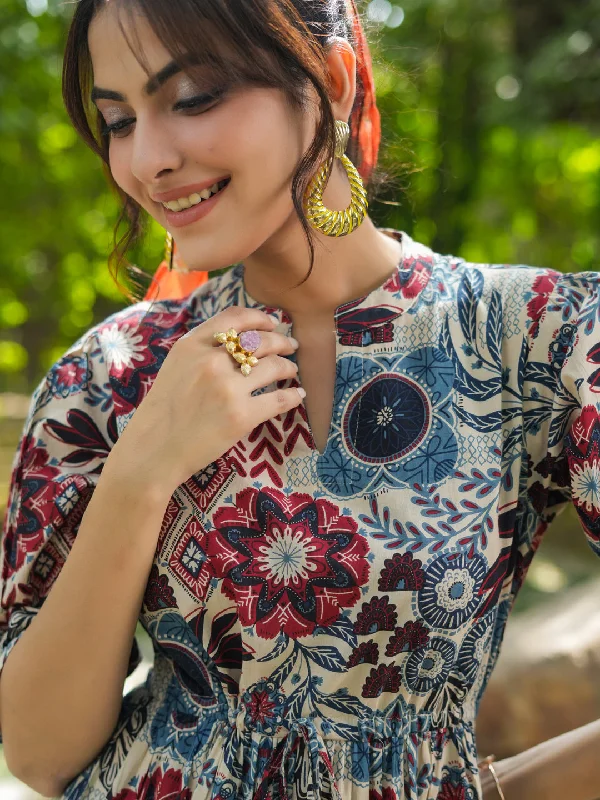 Women Rust And Blue Floral Ethnic A-line Pure Cotton Midi Ethnic Dress