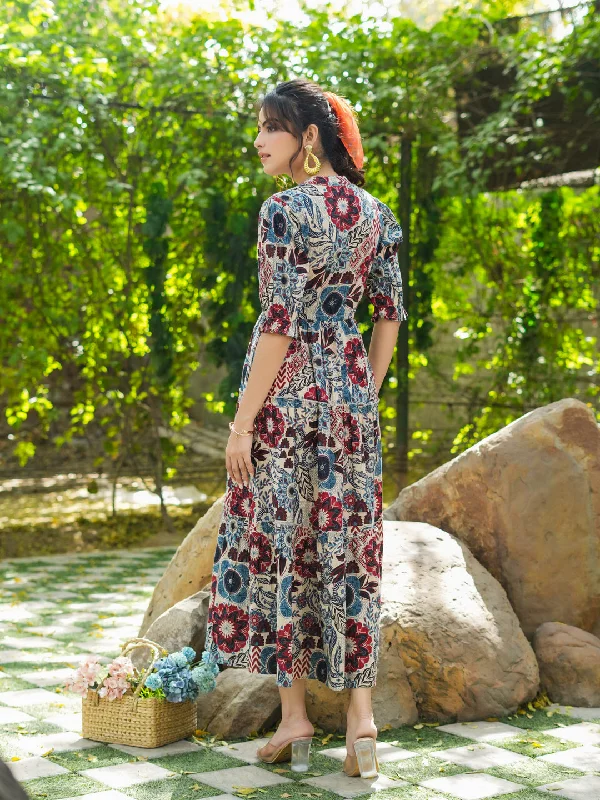 Women Rust And Blue Floral Ethnic A-line Pure Cotton Midi Ethnic Dress