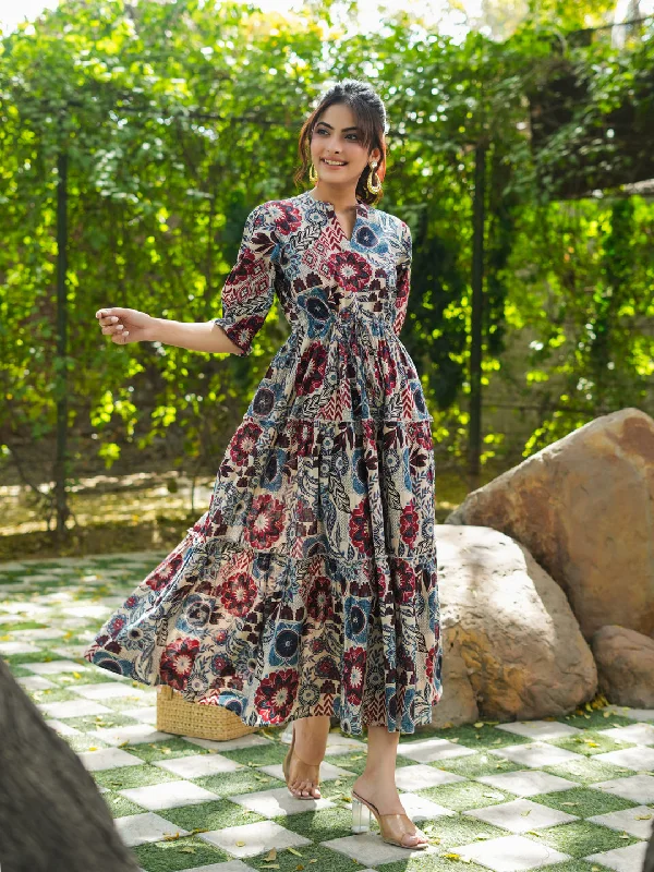 Women Rust And Blue Floral Ethnic A-line Pure Cotton Midi Ethnic Dress