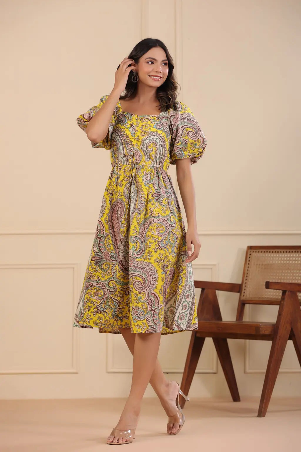 Women Yellow A-line Floral Printed Dress