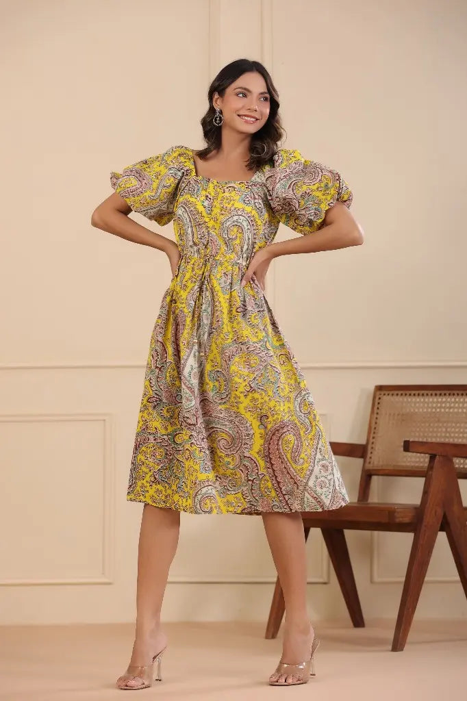 Women Yellow A-line Floral Printed Dress