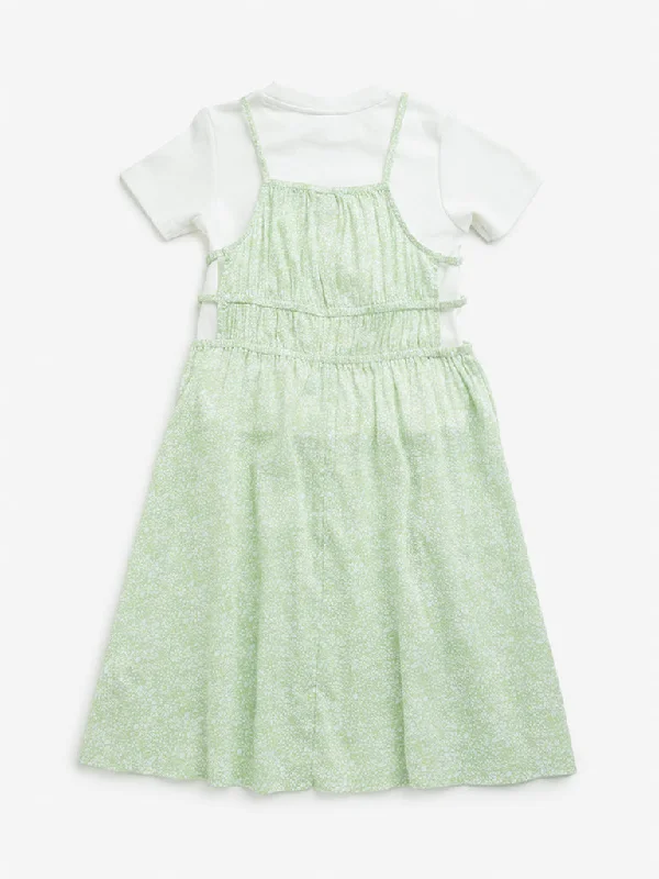 Y&F Kids Green Floral Printed A-line Dress and T-Shirt Set