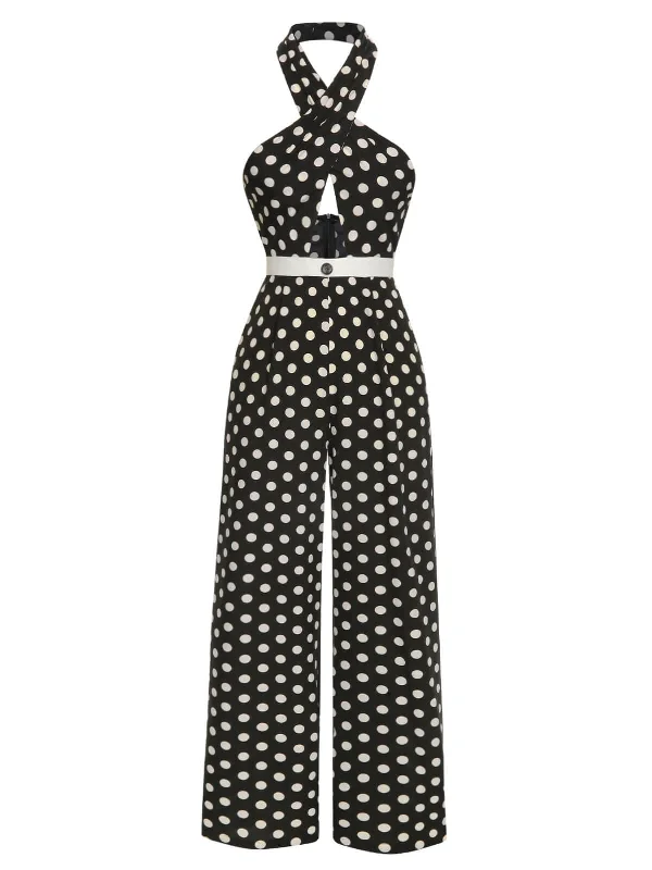 Black 1940s Polka Dots Cross Halter Jumpsuit