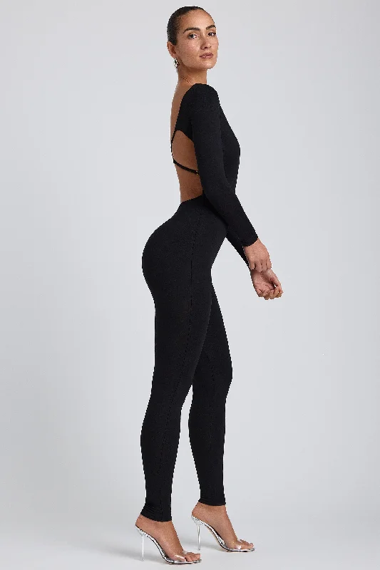 Modal Scoop-Neck Cross-Back Jumpsuit in Black