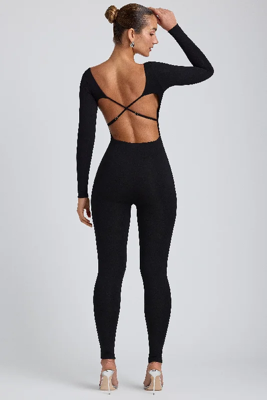 Modal Scoop-Neck Cross-Back Jumpsuit in Black