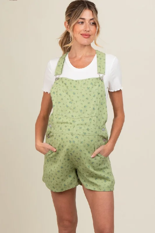 Light Olive Floral Denim Maternity Shortall