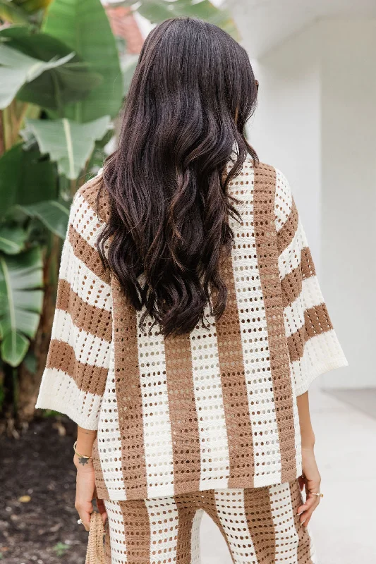 In Your Thoughts Brown and Ivory Striped Open Knit Cover Up Top FINAL SALE