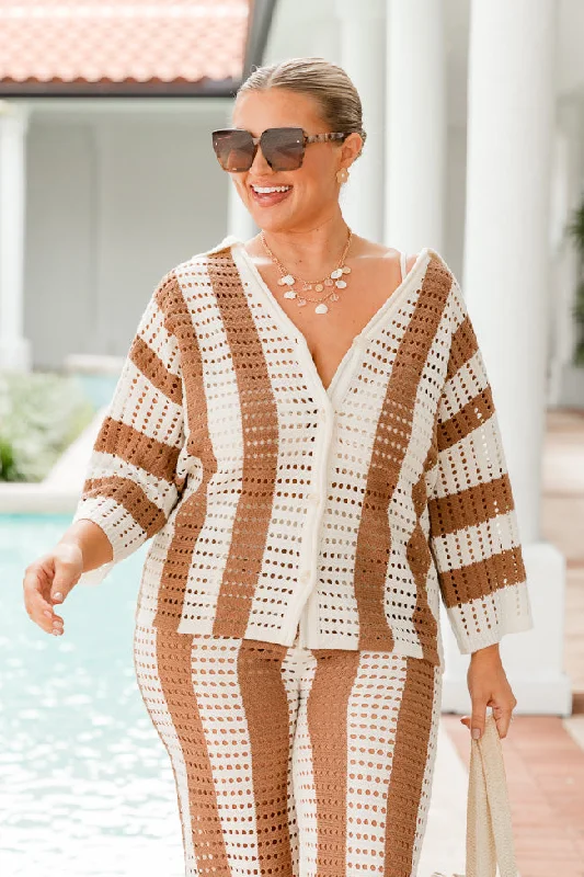 In Your Thoughts Brown and Ivory Striped Open Knit Cover Up Top FINAL SALE