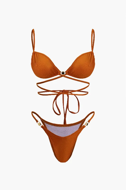 Solid Crossed Backless Tie-Up Bikini Set