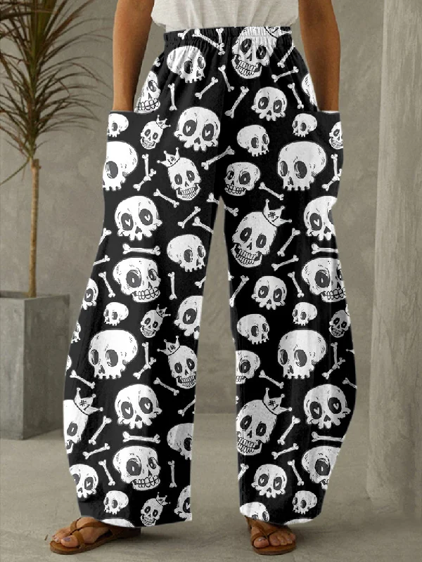 Cute Doodle Skull Print Casual Pants