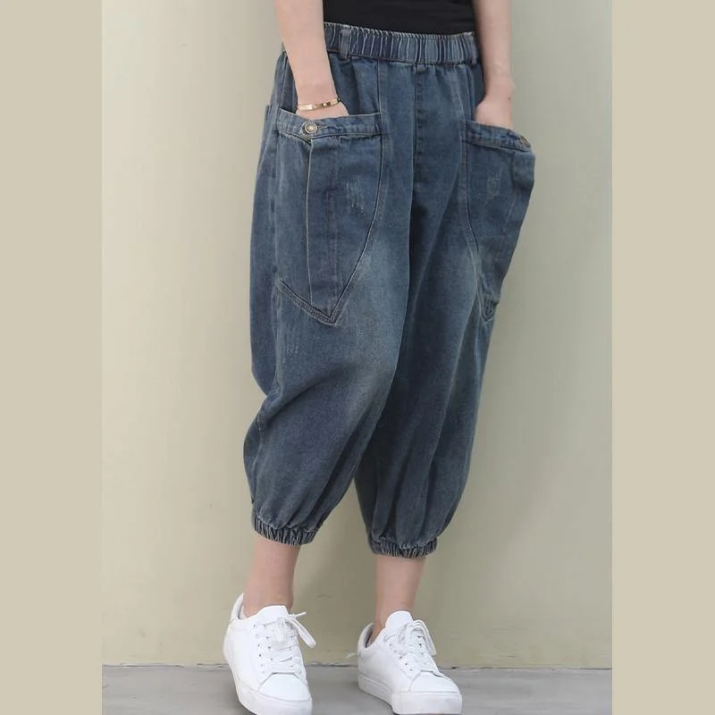 Elegant dark denim blue trousers  summer pockets Cotton shorts