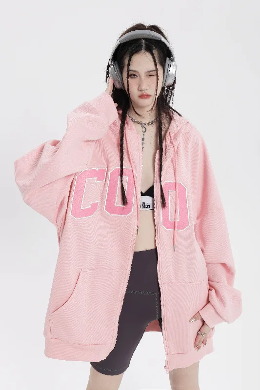 RTK (W) No. 3087 PINK EMBROIDERED ZIP-UP HOODIE