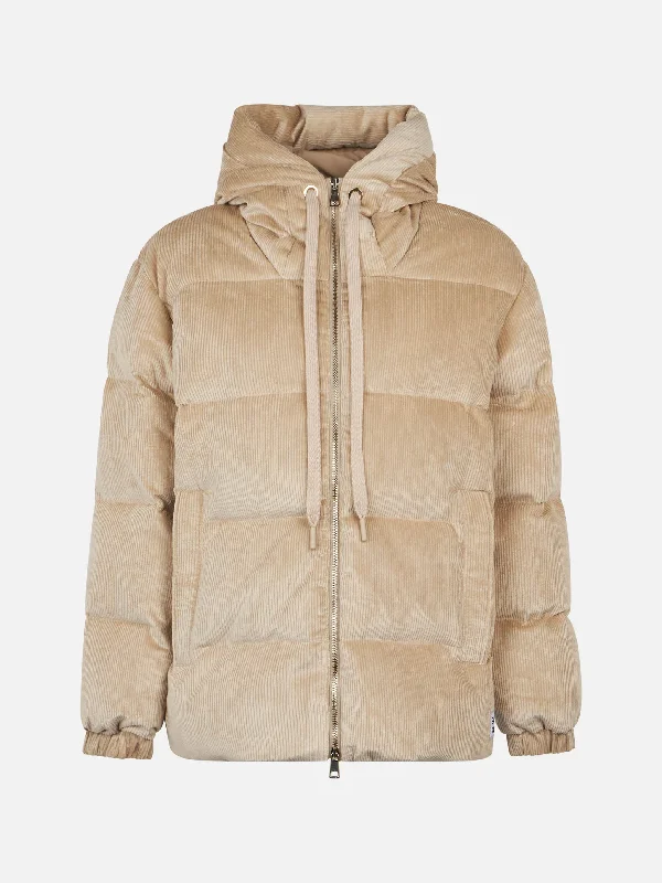 Woman beige corduroy down padded jacket with hoodie