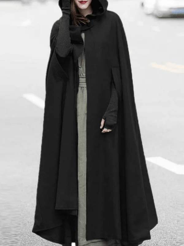 Women Hooded Style Ankle Length Woolen Long Cloak Loose Sleeveless Coats