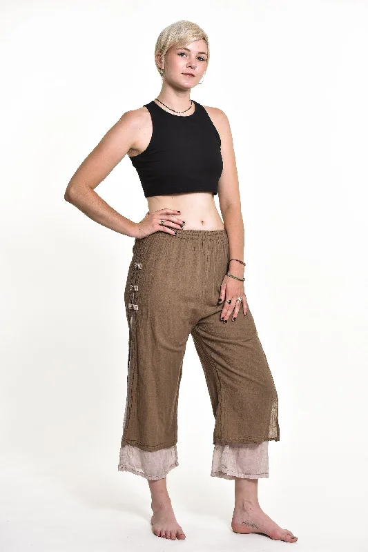 Women's Cotton Double Layers Cropped Pants in Solid Brown