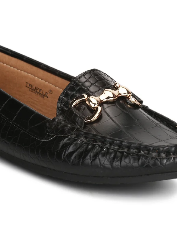 Black Croc Mat PU Loafer Flats