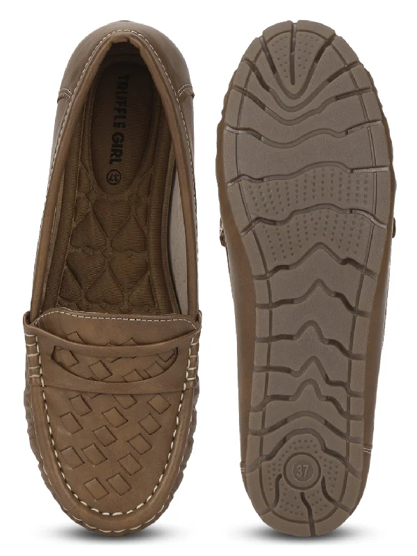 Tan PU Loafers With Weaves