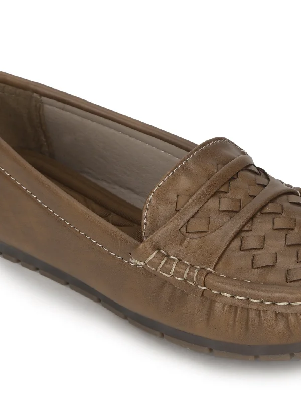 Tan PU Loafers With Weaves