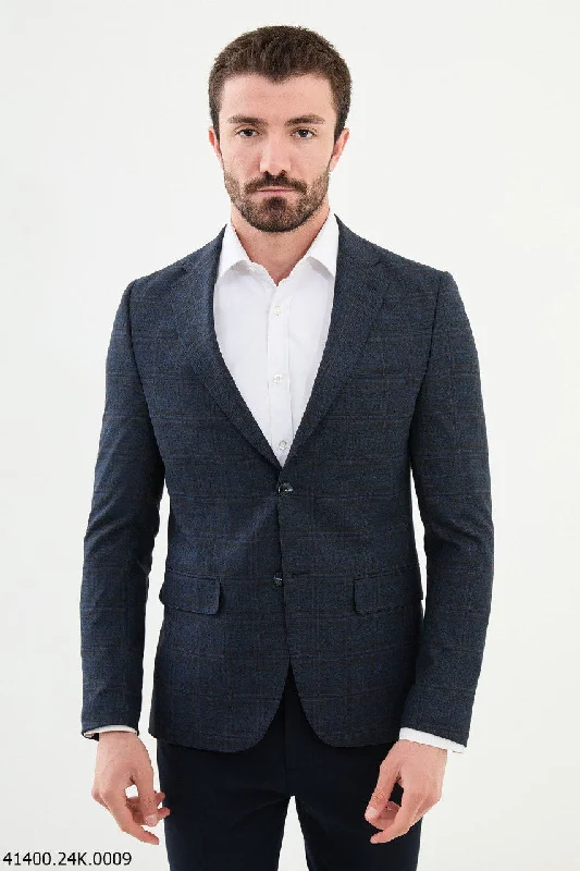 Seasonal sale  Brabion Dante Navy Blue Slim Fit Notch Lapel Plaid Wool Blazer