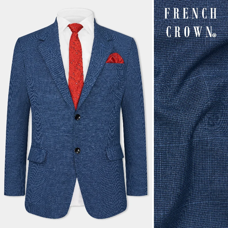 Get 20% off your first order of men’s fashion.  Gun Powder Blue Windowpane Wool Rich Stretchable traveler Blazer