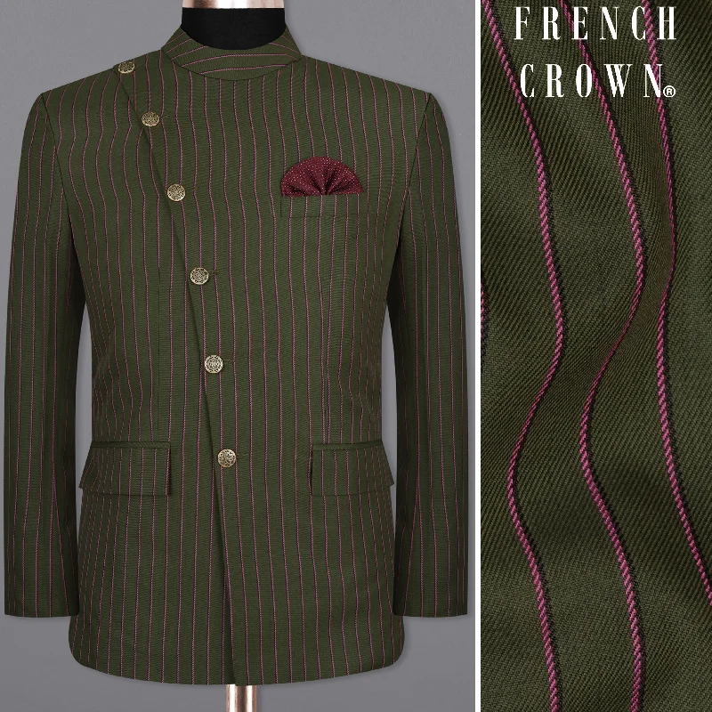 Don’t miss out – Limited-time   Kelp Green Woolrich Striped Cross Placket Bandhgala Blazer